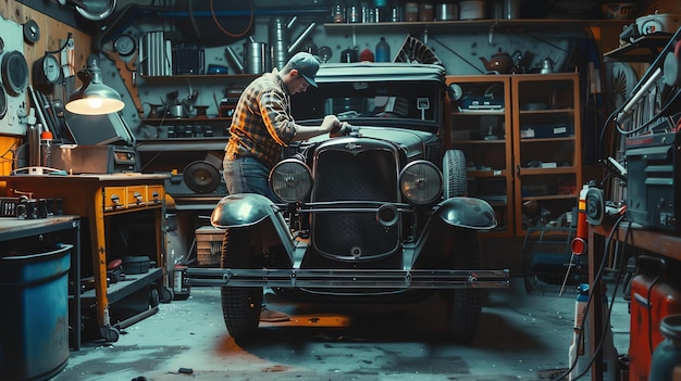 Foto um homem está trabalhando na restauração de um carro vintage em sua garagem. ele está lixando a carroceria do carro para prepará-lo para a pintura.