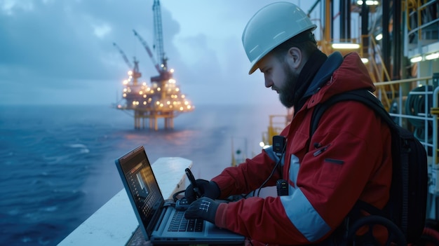 Foto um homem está usando um computador portátil em um barco no oceano aig