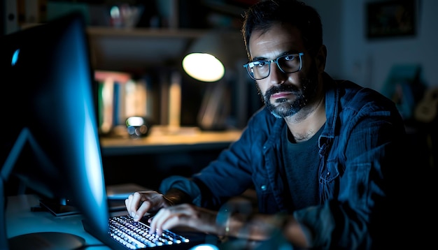 Foto um homem está usando um laptop com uma luz na parte superior