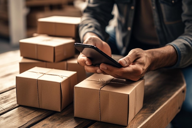 Um homem está usando um smartphone em uma pilha de caixas marrons.