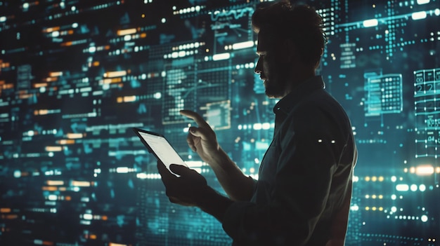 um homem está usando um tablet na frente de uma paisagem urbana