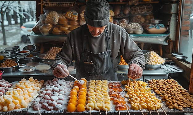 Um homem está vendendo bolos no mercado.