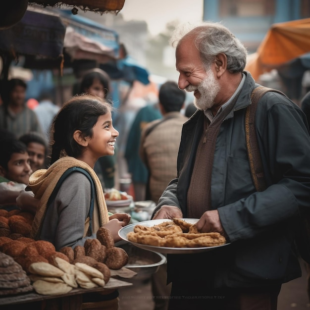 Um homem está vendendo pão e uma garota está sorrindo para a câmera.