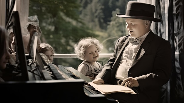 um homem está vestindo um terno e um chapéu com um bebê na frente