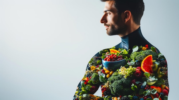 Um homem está vestindo uma camisa coberta de frutas e legumes