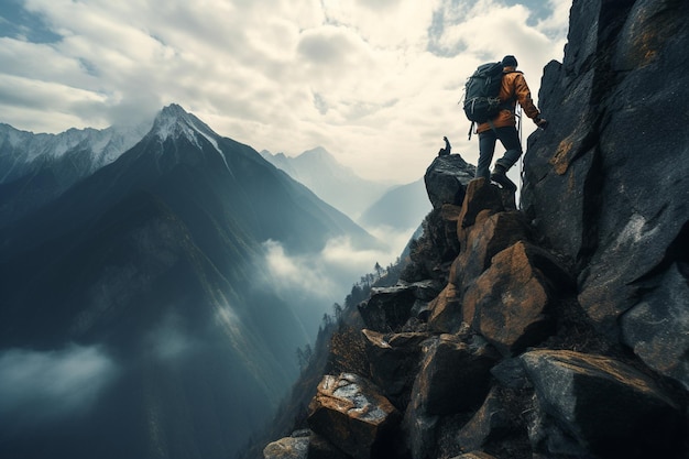 Um homem estava a escalar um penhasco da montanha.