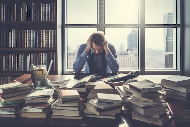 Um homem estressado com pilhas de livros num escritório gerou ai