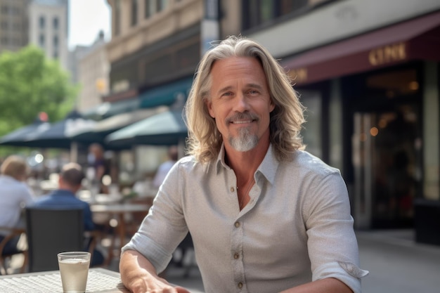 Foto um homem europeu de meia-idade feliz, sorridente e confiante, sentado do lado de fora do café, a olhar para outro lado e a sonhar.