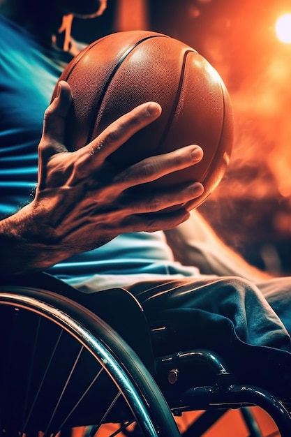 Um homem europeu em cadeira de rodas a jogar basquetebol gerado pela IA.
