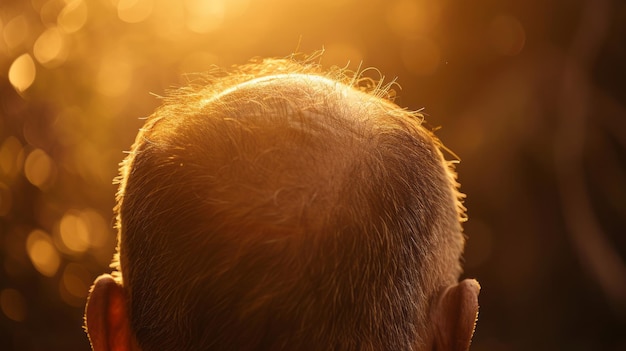 Um homem experimentando a perda de cabelo com o envelhecimento do sol dourado e perda de cabelo