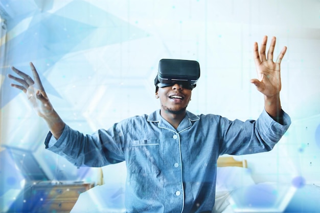 Um homem experimentando VR na cama