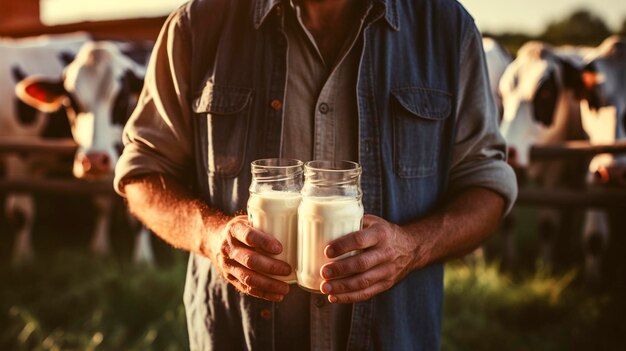 Foto um homem fazendeiro segura leite em suas mãos alimentação ai generativa