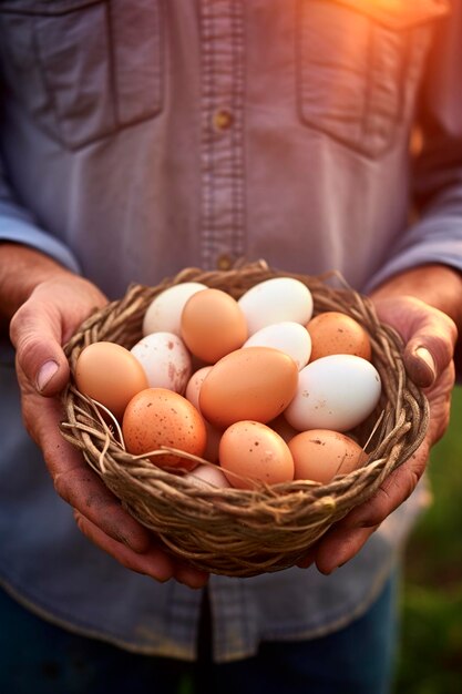 Um homem fazendeiro segura ovos em suas mãos Alimentação de IA generativa