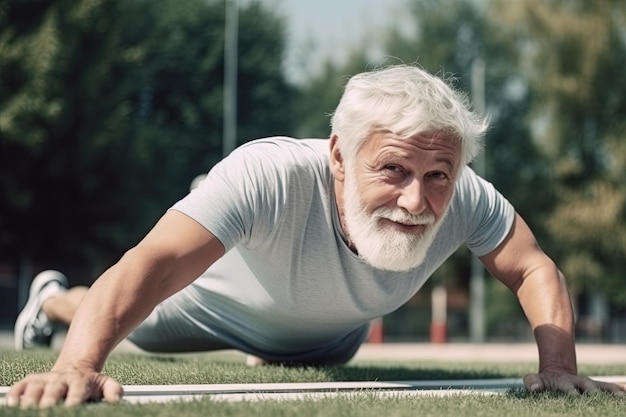 Um homem fazendo flexões em um campo de grama