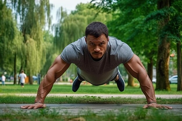 Um homem fazendo flexões em um parque