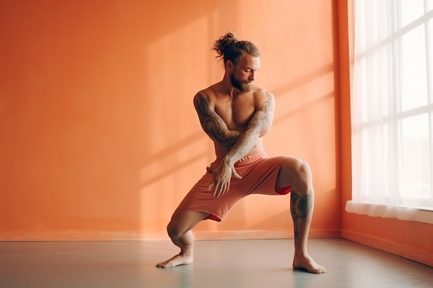 Um homem fazendo ioga em uma sala laranja