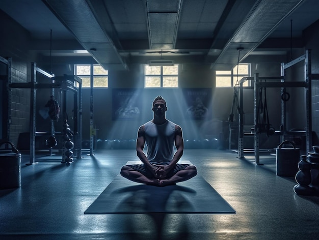 Um homem fazendo ioga no estúdio de fitness AI gerado