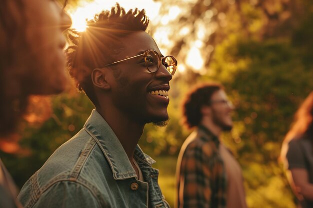 Um homem feliz a olhar para os seus amigos lá fora.