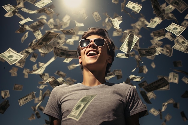 Um homem feliz com dinheiro a voar no ar.