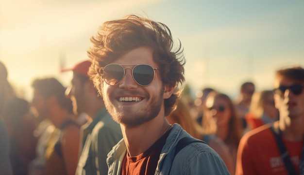 um homem feliz com óculos de sol fica na frente de uma multidão de pessoas em um festival de música