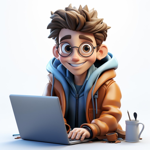 Foto um homem feliz de desenho animado 3d usando laptop em fundo branco transparente