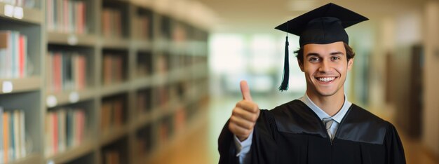 Um homem feliz em trajes de formatura dá um polegar para cima simbolizando o sucesso na educação ilustração generativa ai