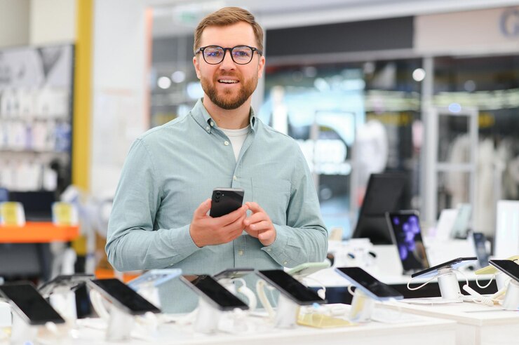 Foto um homem feliz escolhe um telemóvel numa loja de eletrônicos.