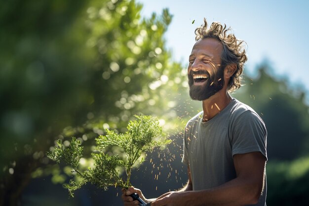 Um homem feliz está desbastando e aparando árvores com Generative AI