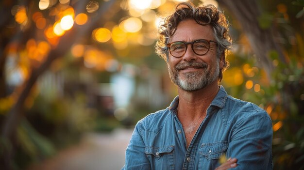 Foto um homem feliz está em frente a uma árvore na estrada