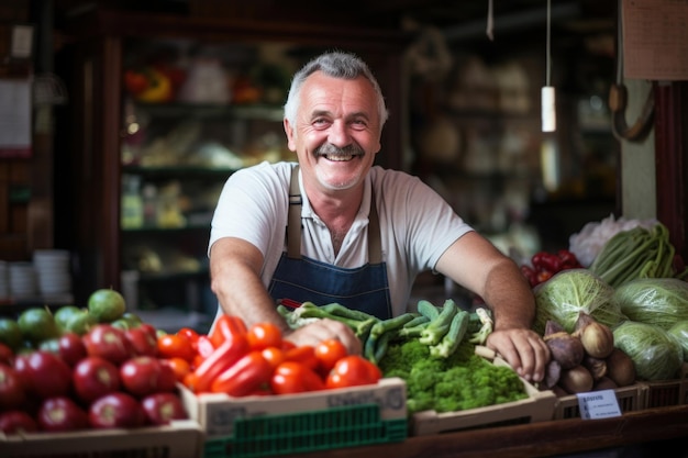 Um homem feliz fica satisfeito com seus clientes enquanto vende legumes e frutas em sua barraca