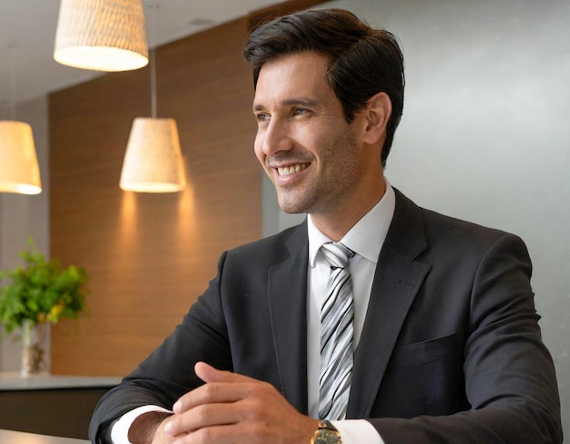 Um homem feliz, gerente de hotel, a falar com um hóspede na recepção.