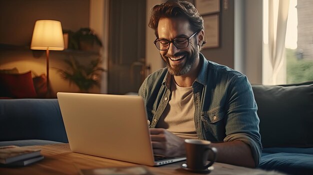 Foto um homem feliz pagando contas on-line com um laptop na sala de estar compras on-line generative ai