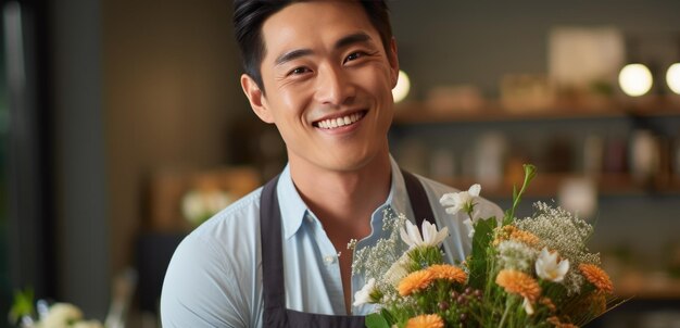 Um homem feliz segura um buquê de flores nas mãos.