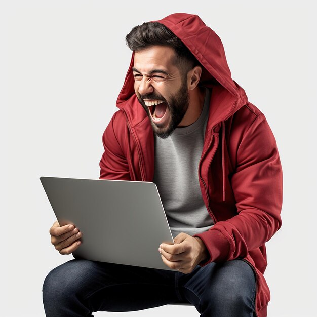 Foto um homem feliz, sorridente, experiente em tecnologia, excitado, em pose sobre fundo branco