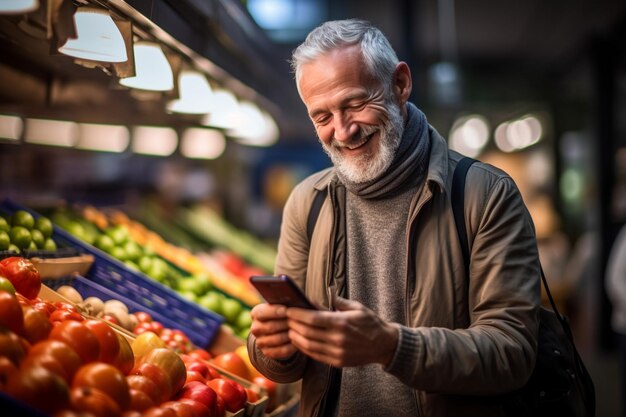 Um homem feliz usa seu celular em um supermercado com Generative AI