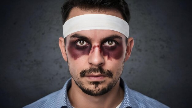 Foto um homem ferido com hematomas escuros debaixo dos olhos e concussão cerebral usa bandagem.