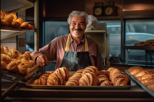 Um homem fica atrás de um balcão de pães e sorri para a câmera.