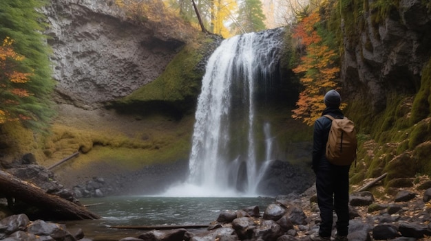 Um homem fica em frente a uma cachoeira com uma mochila e uma mochila.