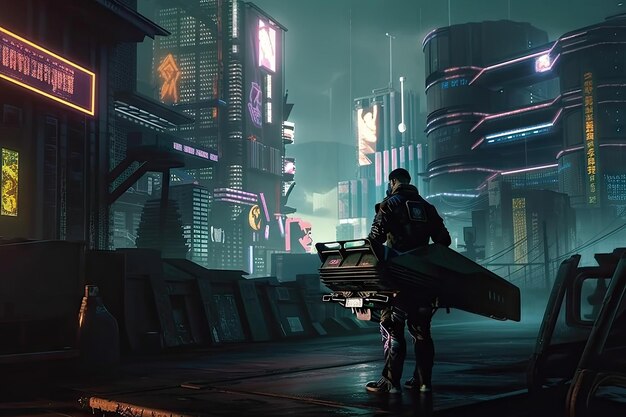 Um homem fica em frente a uma cidade futurística com uma placa de néon que diz 'cyberpunk'.