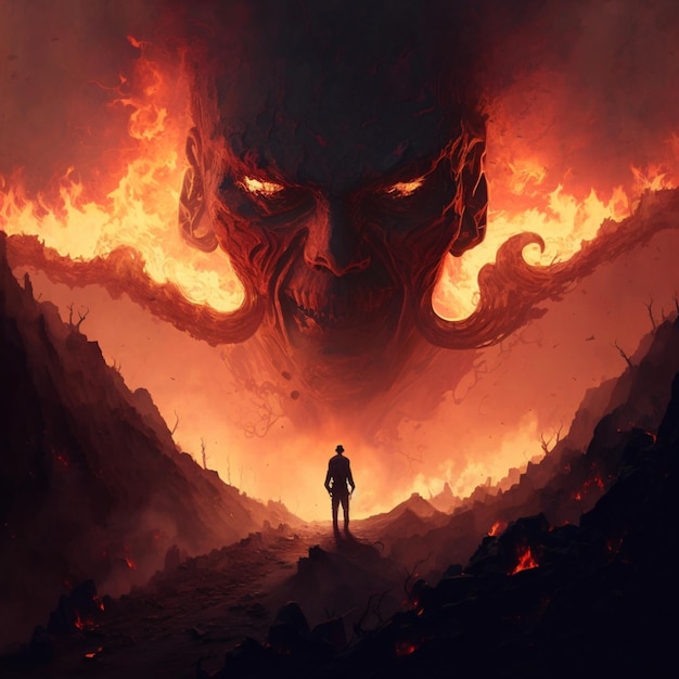Foto um homem fica em frente a uma fogueira com um rosto gigante à esquerda.