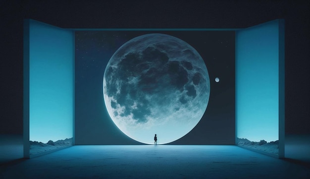 Um homem fica em frente a uma tela grande que diz "lua" nela