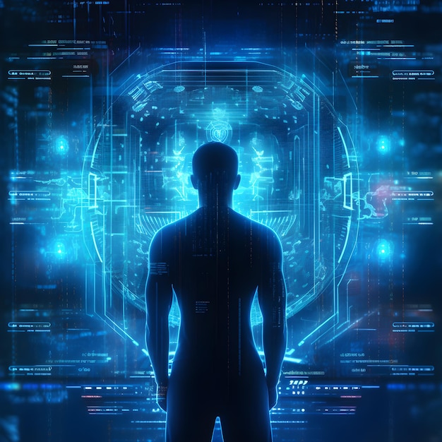 Um homem fica em frente a uma tela que diz 'o futuro da tecnologia'