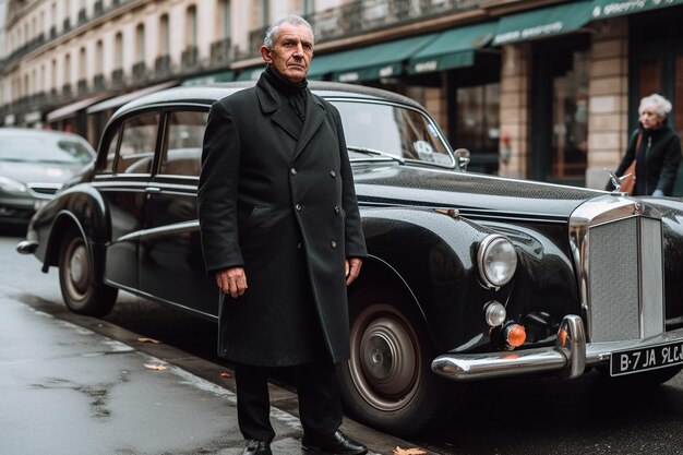 Um homem fica na frente de um carro que diz 'o carro é de paris'