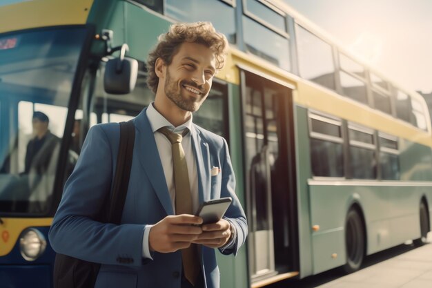 Um homem fica na frente de um ônibus e sorri para a câmera