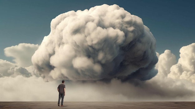 Um homem fica na frente de uma grande nuvem de poeira após uma explosão no deserto gerada por IA