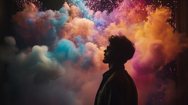 Um homem fica na frente de uma nuvem de fumaça colorida