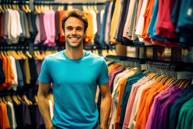 Um homem fica na loja de roupas