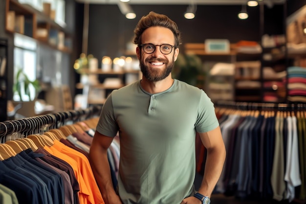 Um homem fica na loja de roupas