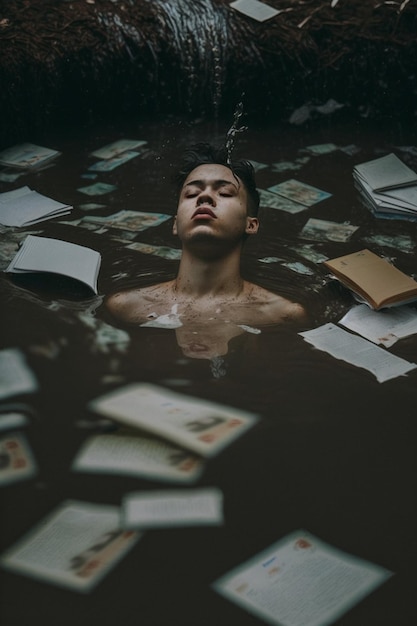 Um homem flutuando em uma poça de água com uma pilha de livros sobre ela.
