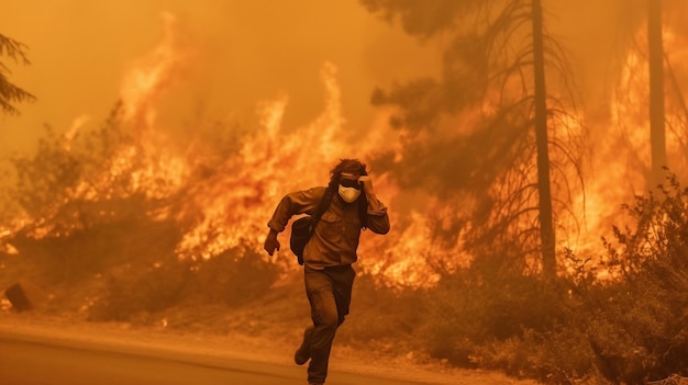 Um homem foge de um incêndio florestal com a boca e o nariz cobertos para evitar a inalação de fumaça